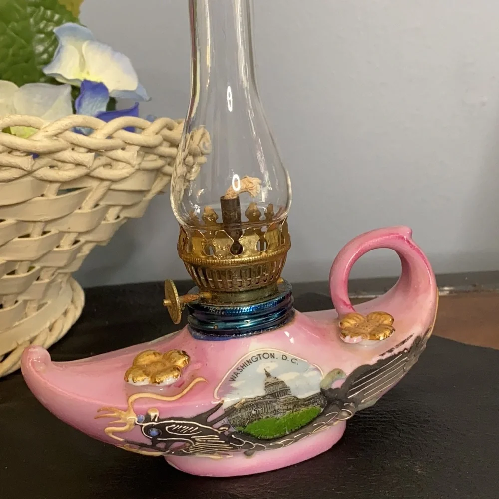 . Vintage Pink Ceramic Oil Lamp Lantern - Washington D.C. Souvenir